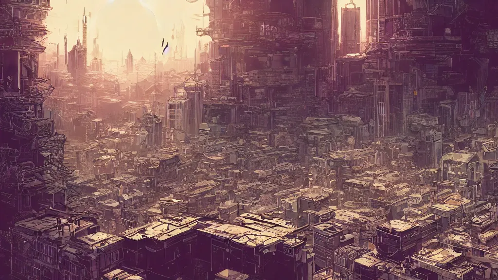 Image similar to very detailed, prophet graphic novel, ilya kuvshinov, mcbess, rutkowski, simon roy, illustration of space dystopian metropolis, illustration of decrepit cyberpunk arcologies, space junk falling from sky, wide shot, colorful, deep shadows, astrophotography, hyperdetailed, cybernetics, cryengine, realistic shaded lighting, sharp focus