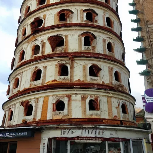 Image similar to a picture of the leaning tower piza but it's made out pizza