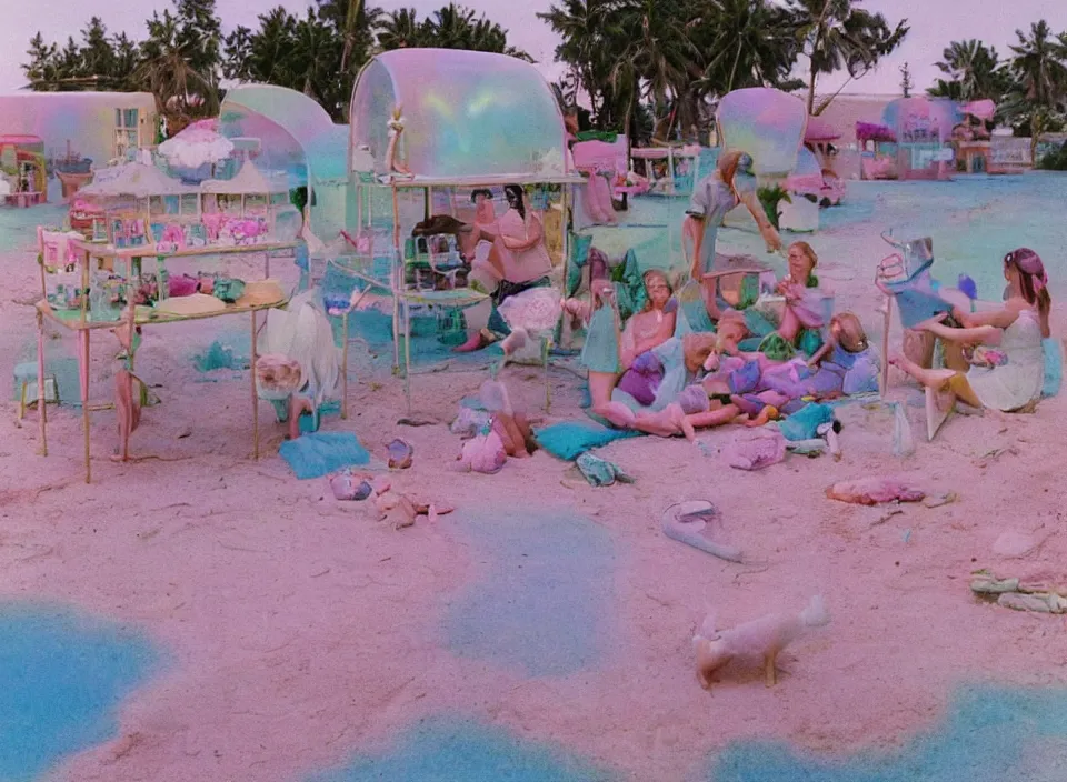 Image similar to a pastel coloured vintage family holiday photo of an empty beach from an alien dreamstate world with chalky pink iridescent!! sand, reflective lavender ocean water, dim bioluminescent plant life and an igloo shaped plastic transparent hot dog stand surrounded by holiday clutter opposite a pit with an iridescent blue flame flickering. glare. refraction, volumetric light.