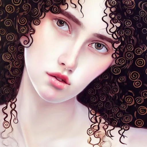 Prompt: a realistic cg rendering, a beautiful girl, long black curly hair, a slightly round face, deep and charming eyes, a touch of blush, a small and exquisite nose, delicate pale pink lips, a symmetrical face, symmetrical eyes, elegant and lovelyin the style of nikolai fechine and klimt