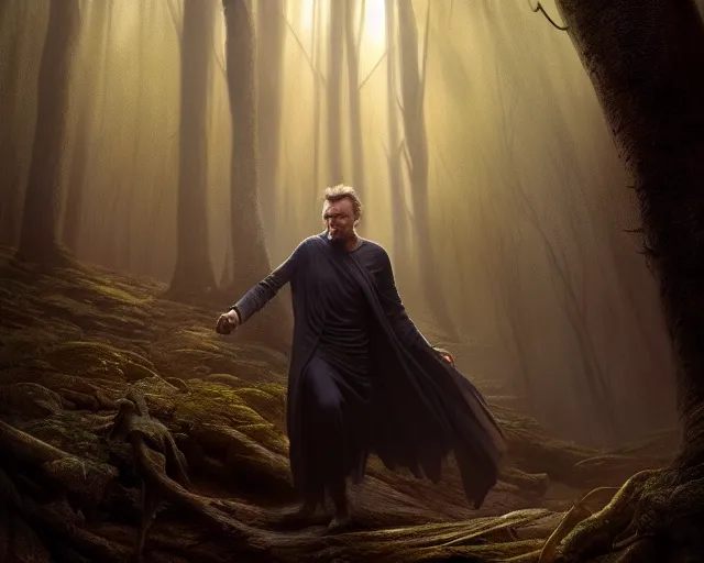 Image similar to photo of liam neeson as a djinn, in a forest. magical atmosphere. art by greg rutkowski. highly detailed 8 k. intricate. lifelike. soft light. nikon d 8 5 0.