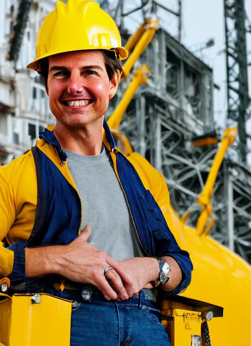 Prompt: closeup portrait of cheerful tom cruise as a crane operator, yellow hardhat, sitting in a crane, natural light, bloom, detailed face, magazine, press, photo, steve mccurry, david lazar, canon, nikon, focus