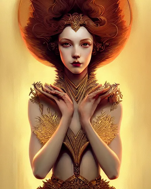 Image similar to Beautiful and playful ethereal ginger portrait, art deco, fantasy, intricate art deco golden designs, elegant, highly detailed, sharp focus, art by Artgerm and Greg Rutkowski and WLOP