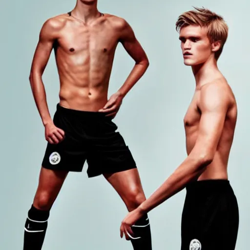 Image similar to a realistic detailed photo of a guy who is an attractive humanoid who is half robot and half humanoid, who is a male android, soccer player martin ødegaard, shiny skin, posing like a statue, blank stare, in a living room, on display, showing off his muscles, with a twin