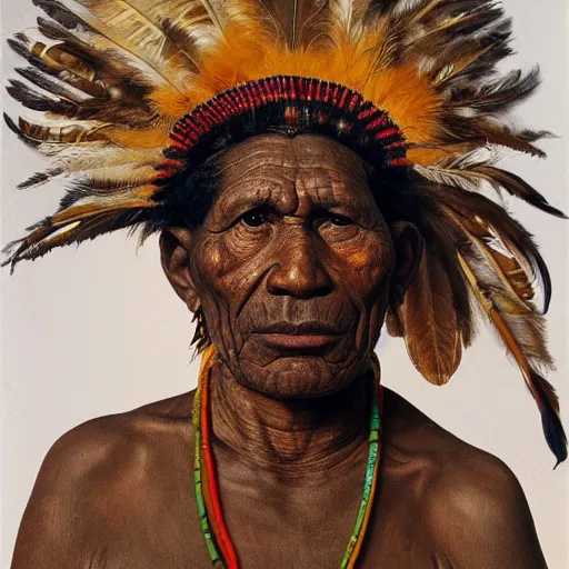 Image similar to high quality high detail painting by lucian freud, hd, full body of a indigenous tribe leader with a lot of feathers, photorealistic lighting