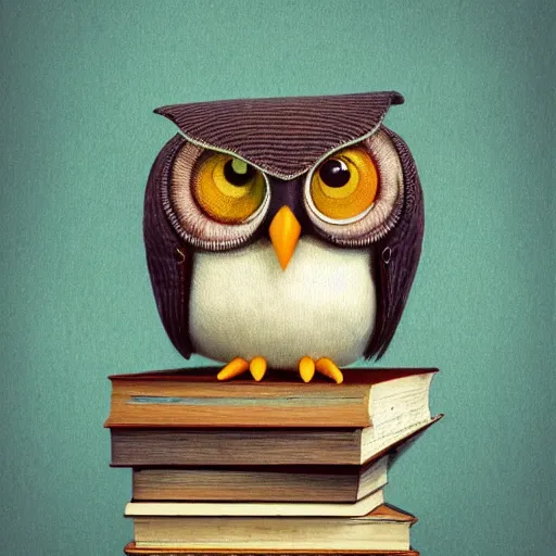 Image similar to long shot of a very cute plushy owl with eyelids half closed sitting on a pile of antique books, by esao andrews, by pixar, humorous illustration, hyperrealistic, big depth of field, fresh colors, dim light, 3 d octane render conceptart, 4 k, hyperdetailed, trending on artstation