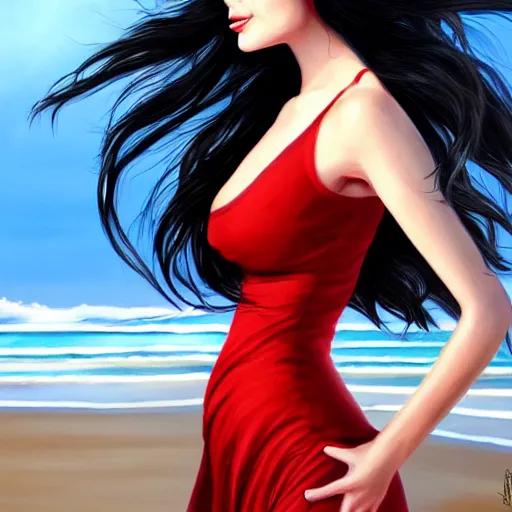 Image similar to woman with long dark black hair wearing red clothing standing by the beach, beautiful, 8k, highly detailed, realistic, artgerm, sakimichan, rutkowski, trending on artstation, perfect face, portrait, high contrast, golden light, dramatic lighting,