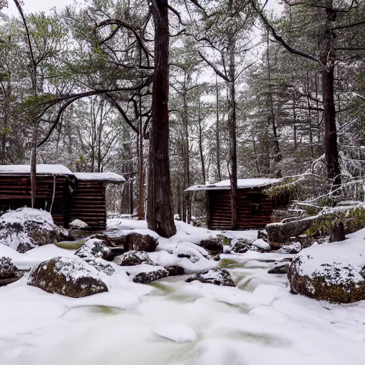 Prompt: a landscape picture of a cabin in a forest during winter with a stream of molten lava flowing next to it