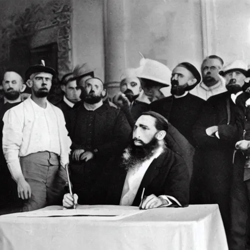 Prompt: black and white close - up photograph from the early 1 9 0 0 s of fidel castro with a giant massive quill signing the declaration of independence with a ( ( ( giant!!!!! massive!!!!! quill!!!!! ) ) ), wooden furniture out of focus in the background, high quality, hyperdetailed