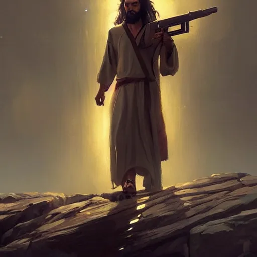 Prompt: jesus with a gun, cinematic lighting, highly detailed, concept art, art by wlop and artgerm and greg rutkowski, masterpiece, trending on artstation