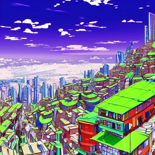 Image similar to futuristic city on a mountainside, colorful city, megacity, clouds on mountain, buildings on mountainside, cel - shading, cel - shaded, 2 0 0 1 anime, bright sunshine