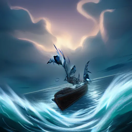 Image similar to in the style of artgerm, a LARGE SEA DRAGON attacking a BOAT, rough seas, night, lighting, cinematic lighting