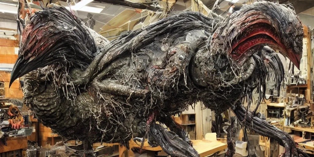 Image similar to photo taken of an epic intricate, ultra detailed, super realistic gritty, hero prop, exquisitely painted animatronic movie prop of a wet slimy grotesque nightmarish hellish avian creature displayed in the workshop, created by weta workshop, full body shot, photorealistic, sharp focus