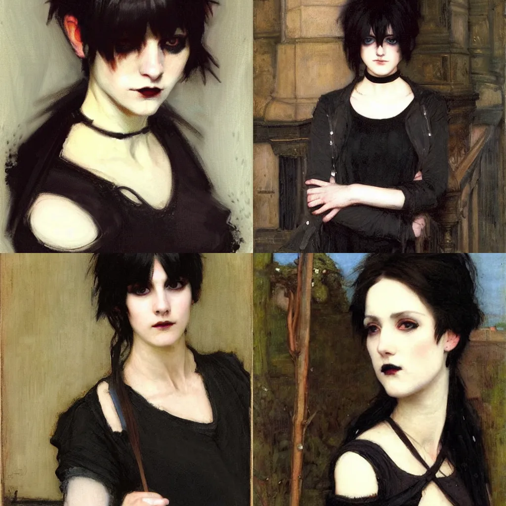 Prompt: a goth portrait painted by john william waterhouse. her hair is dark brown and cut into a short, messy pixie cut. she has a slightly rounded face, with a pointed chin, large entirely - black eyes, and a small nose. she is wearing a black tank top, a black leather jacket, a black knee - length skirt, a black choker,