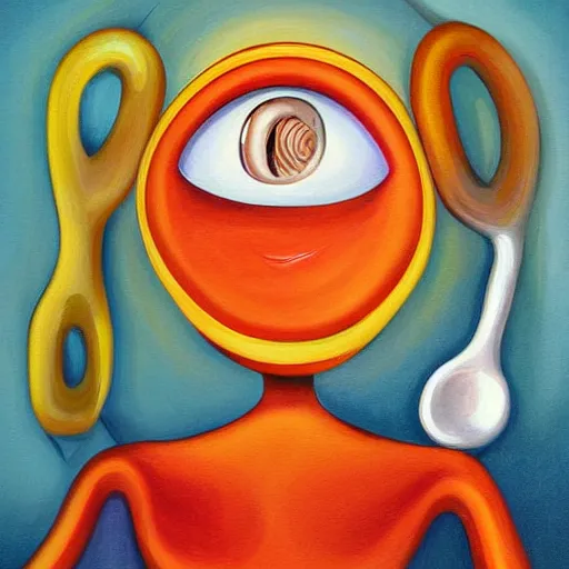 Image similar to surreal painting illustration of a humanized spoon with eyes and a smile