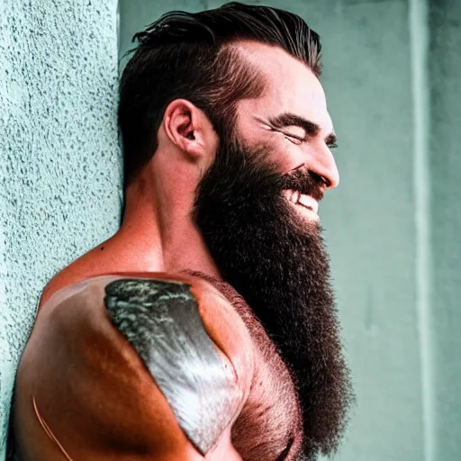 Prompt: Vivid color photography of a very muscular man smiling with a chiseled jawline and trimmed beard