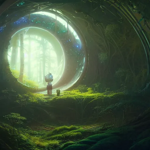 Prompt: , forest with big dome inside a spaceship, stephen bliss, misty, unreal engine, pixar, fantasy art by greg rutkowski, loish, ferdinand knab, and lois van rossdraws, global illumination, radiant light, minimalist, detailed and intricate environment