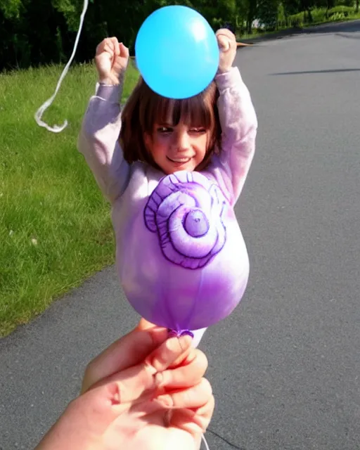 Image similar to child holding a balloon tardigrade on a string. helium balloon in the shape of a cute tardigrade.