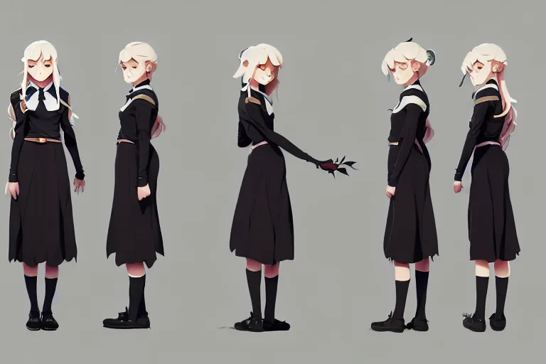 Prompt: character sheet of attractive female student witch, magic school uniform, blonde hair, by greg rutkowski and studio ghibli, digital art, trending on artstation, highly detailed, concept art, beautiful, masterpiece