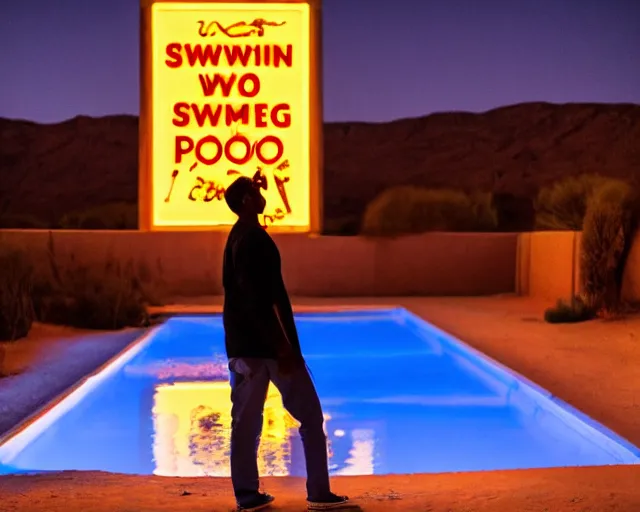 Prompt: photo of a man standing next to a swimming pool outside a motel with a neon sign in the desert at night, cinematic