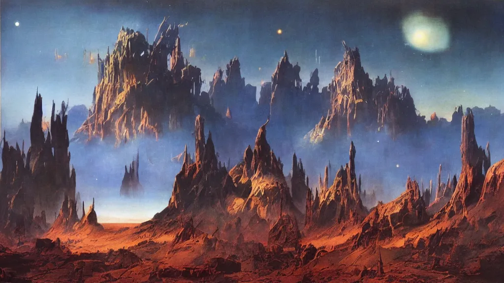 Image similar to journey to the center of the universe by frank frazetta and bruce pennington, cinematic matte painting