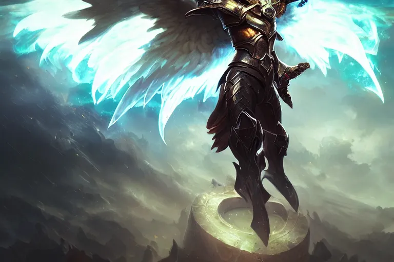 Image similar to amazing portrait of archangel micheal, league of legends splash art, deiv calviz, splash art, natural light, elegant, intricate, fantasy, atmospheric lighting, by greg rutkowski, league of legends splash art, hd wallpaper, ultra high details