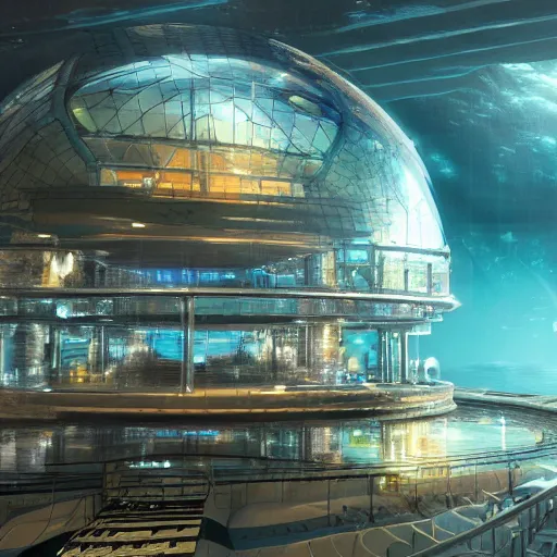 Image similar to futuristic underwater dome city, highly detailed, dramatic lighting, 4k,