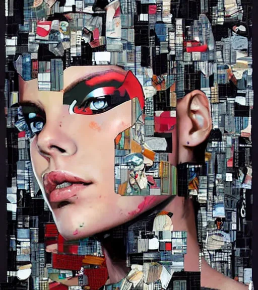 Image similar to collage portrait of a female android, by MARVEL comics and Sandra Chevrier