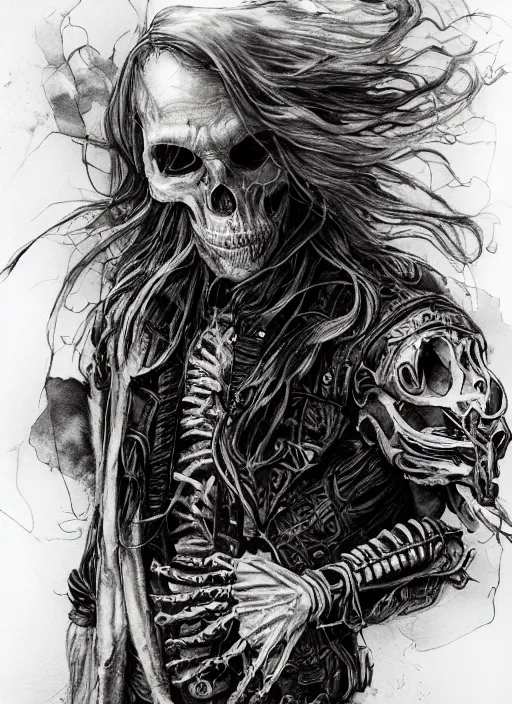 Image similar to portrait, Long haired biker skeleton in a wheelchair, has tattoos, watercolor, dramatic lighting, cinematic, establishing shot, extremely high detail, foto realistic, cinematic lighting, pen and ink, intricate line drawings, by Yoshitaka Amano, Ruan Jia, Kentaro Miura, Artgerm, post processed, concept art, artstation, matte painting, style by eddie mendoza, raphael lacoste, alex ross