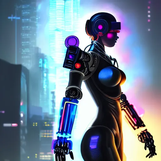 Image similar to An epic comic hyperrealistic painting of a cyber warrior girl wearing mecha cyber suit, attractive, ultradetailed face trending on artstation and artbreeder, cyberpunk 2077 color, heavy rainning at tokyo street night, neon lights all around, Matte paiting, smoke, cinematic lighting, corona render, arnold render, movie concept art, 8k, RPG portrait, Concept world, rim lights, PS5 render quality