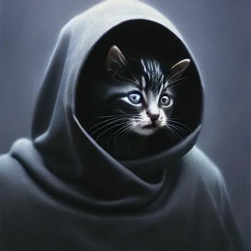 Image similar to a portrait of a kitten wearing a black hood, cloak covering face, anatomically correct, beautiful perfect face, enigmatic, oil painting, matte, black background, Volumetric dynamic lighting, Highly Detailed, Cinematic Lighting, Unreal Engine, 8k, HD, by Beksinski