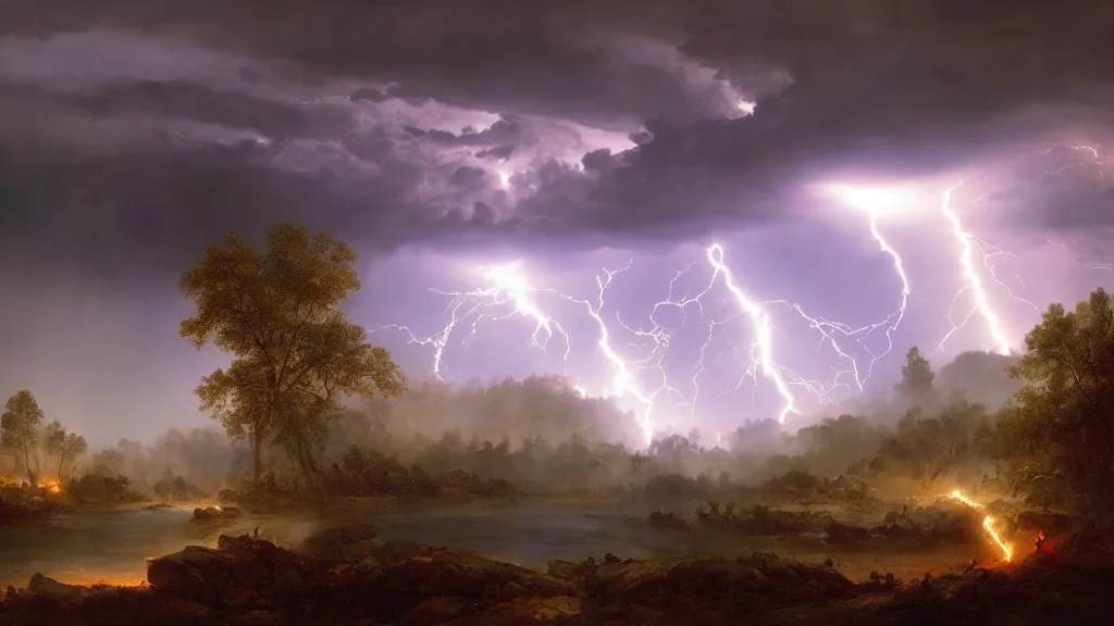 Image similar to battle for earth, lightning, storms, volumetric lightning by eugene von guerard, ivan shishkin, dramatic lighting, concept art, trending on artstation, 8 k