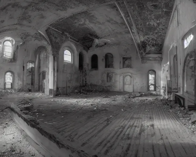 Image similar to game screenshot of a group of CTs in an abandoned church, high exposure, dark, monochrome, camera, grainy, CCTV, security camera footage, timestamp, zoomed in, fish-eye lense, source engine footage, CS:GO screenshot, steam community