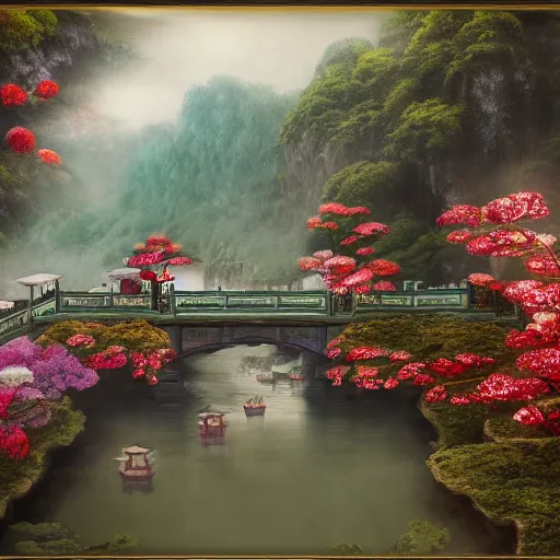 Prompt: matte painting of an old oriental bridge decorated with flowers alongside above a small river stream next to a large chinese temple, realistic, 4 k, artstation, dreamy, fog, volumetric lighting