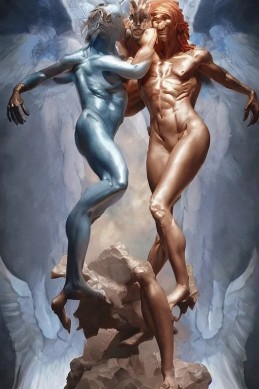 Image similar to portrait of god holding hands with satan by artgerm and Craig Mullins, James Jean, Andrey Ryabovichev, Mark Simonetti and Peter Morbacher 16k