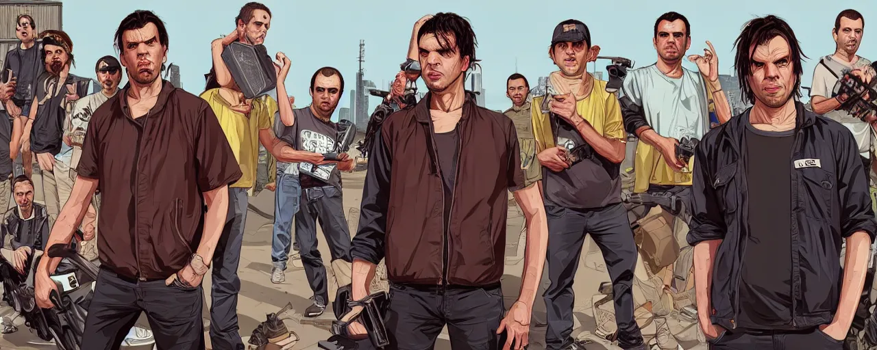 Prompt: full body of Raelsan (Orelsan) in the center of image of GTA V loading screen illustration in the style of Stephen Bliss, uncrop, uncropped Orelsan very detailed GTA illustration from Stephen Bliss, full body Orelsan trending on artstation, Orelsan trending on deviantart, symmetrical face Orelsan, GTA V, Orelsan