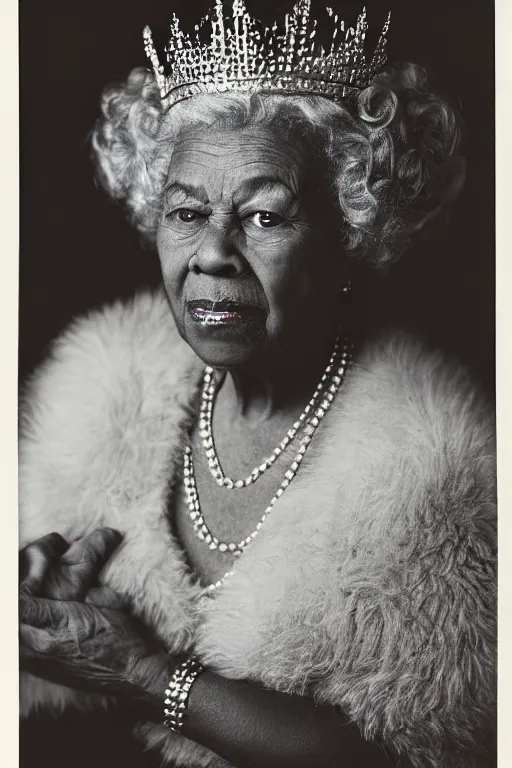 Image similar to a colour photograph of an elderly black lady with grey curly hair, wearing a crown and clothing of Queen Elizabeth the second, 50mm lens, portrait photography, taken by Robert Capa, studio lighting