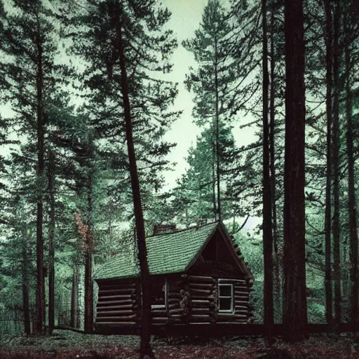 Image similar to a photo of a Eerie cabin in the middle of the woods in the style of 1980s found footage