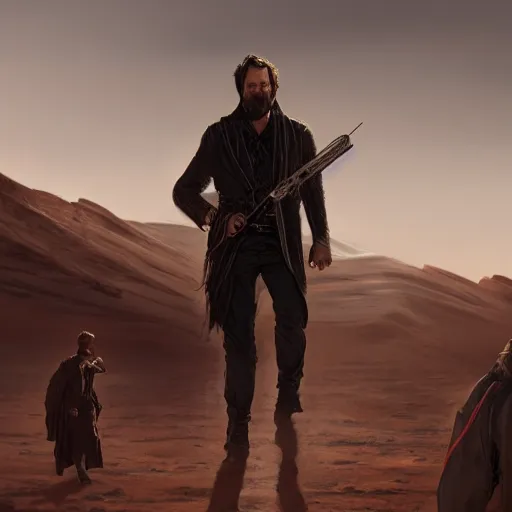 Prompt: the man in black fled across the desert, the gunslinger followed. Highly detailed painting Greg rutkowski. Good clear quality, high detail, octagon render 8k