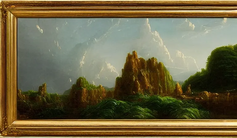 Image similar to A serene landscape with a singular building in the style of Thomas Cole.