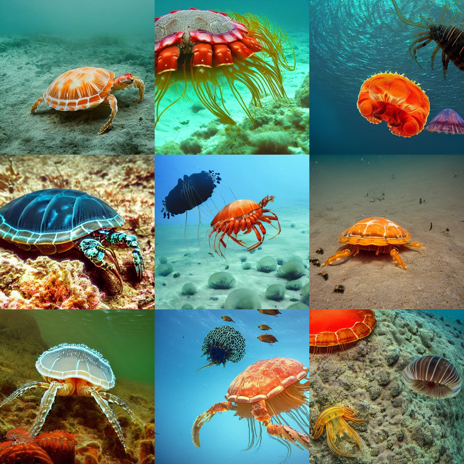 Prompt: a lobster-tortoise-jellyfish-jellyfish, wildlife photography