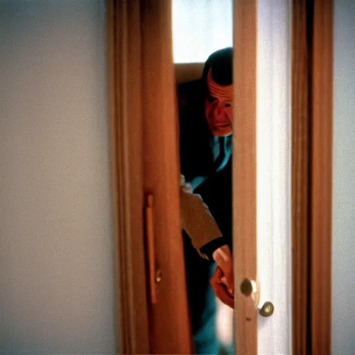 Prompt: A close-up portrait of Joe Biden manically looking through a broken door, film still from The Shining by Stanley Kubrick, Eastman Color Negative II 100T 5247/7247, ARRIFLEX 35 BL Camera