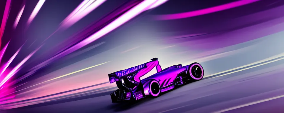 Image similar to abstract illustration of a formula one car, synthwave, purple and pink, motion blur, light streaks, octane render, depth of field