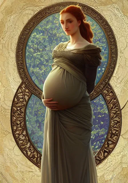 Image similar to pregnant sansa, intricate, elegant, highly detailed, digital painting, artstation, concept art, smooth, sharp focus, illustration, art by artgerm and greg rutkowski and alphonse mucha and william - adolphe bouguereau