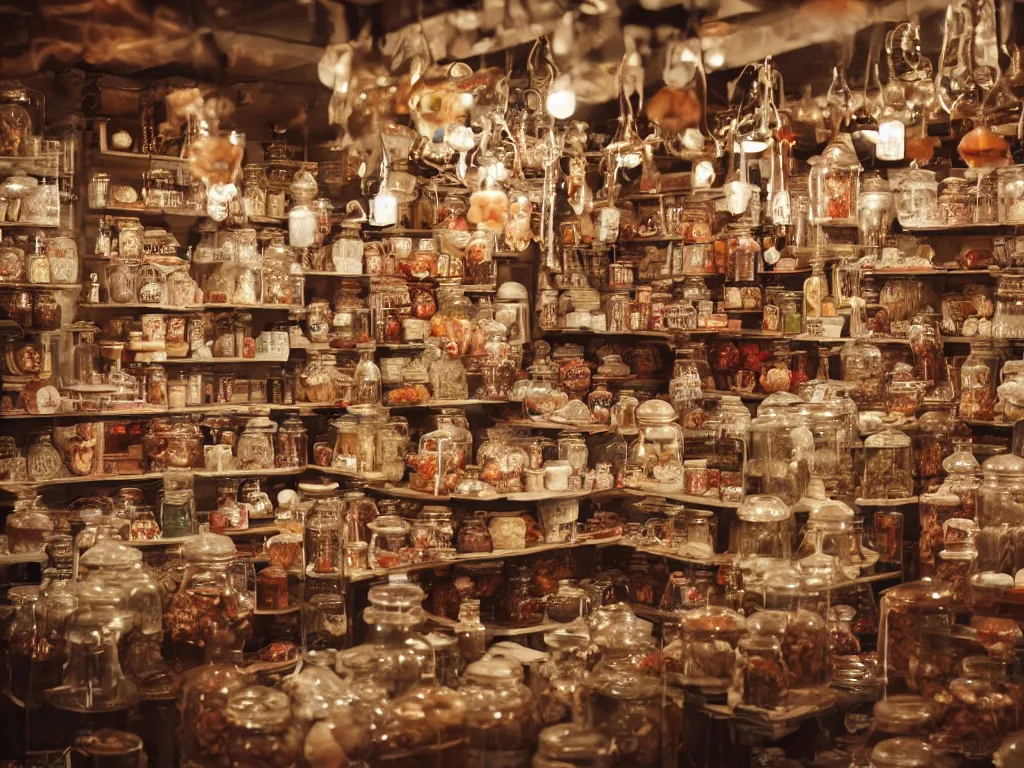 Image similar to Inside an old fashioned sweet shop, sweet jars on shelves, fantasy vendor interior, wide angle, cinematic, highly detailed, cinematic lighting , photorealistic, trending on cgsociety, trending on artstation