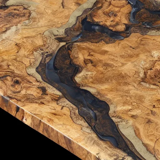 Prompt: cherry burl wood black epoxy river table, modern style, magazine photograph, realistic