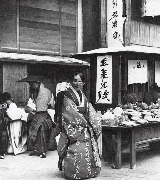 Prompt: 1 8 th century japanese street market in kyoto 1 9 0 0 s early photography portrait anthro anthropomorphic deer head animal person fursona wearing clothes street trader