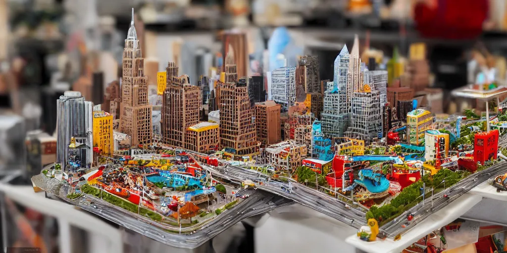 Image similar to a model of manhatten constructed out of fast food, diner food, pastries, miniature photography, diorama, wide - angle macro lens, art, award - winning, beautiful high resolution