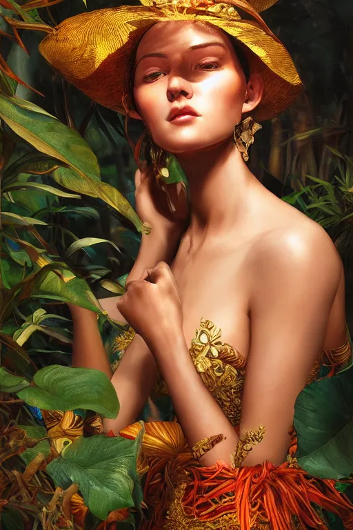 Image similar to stunningly beautiful, spanish dancer in jungle, symmetrical face, golden hour, smooth, focus, highly detailed, hyper realistic, dramatic lighting, elegant, intricate, concept art, art by wlop, mars ravelo, greg rutowski, artstation