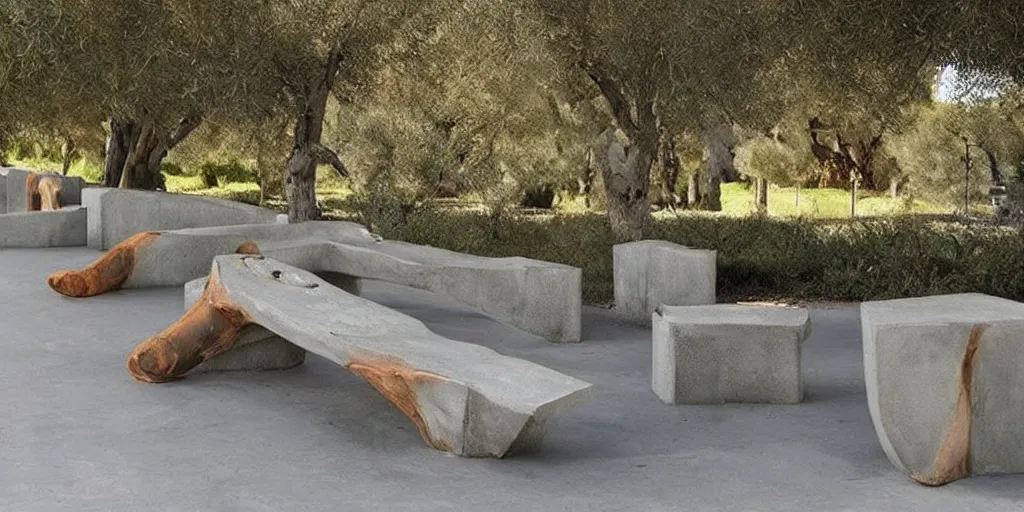 Image similar to creative concrete benches, colorful, olive trees